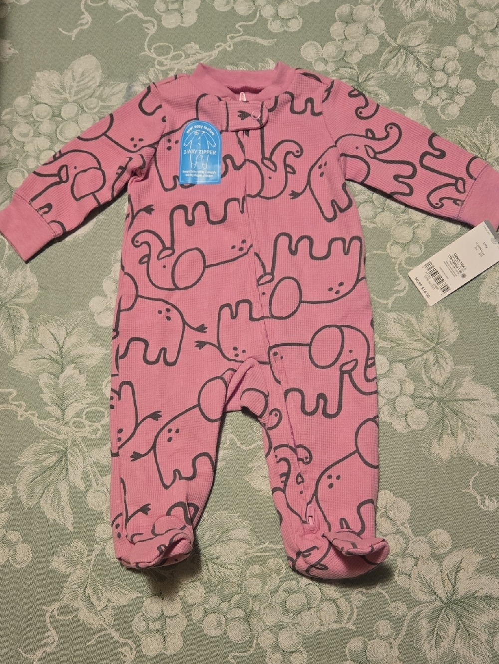 Carters 3M Pink Elephant Print Footed One-Piece baby 2-way zipper Cotton NEW